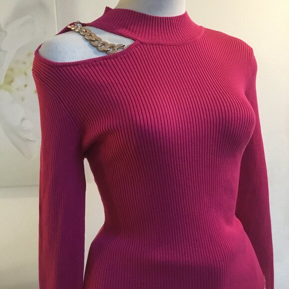 GUESS Ribbed Halter Sweater Pullover Cutout Chains Long Sleeve Logo Pink S - Picture 5 of 6